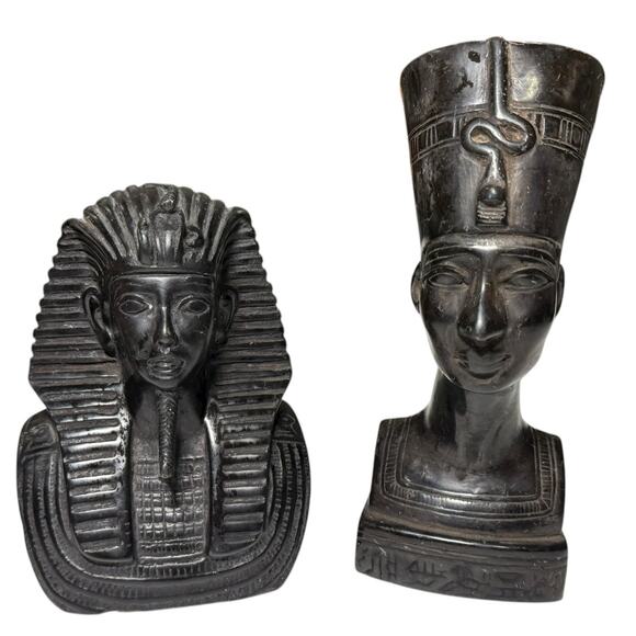 Egyptian King Tut Queen Nefertiti Bust Set Carved Stone Hieroglyphic Black Decor - Picture 1 of 16